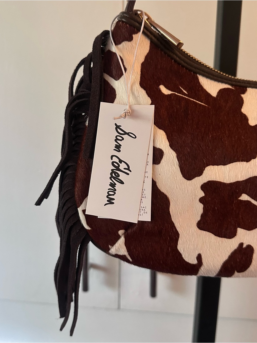 Sam Edelman Calfskin Fringe Shoulder Bag - Brown & White Cowprint - Picture 4 of 8